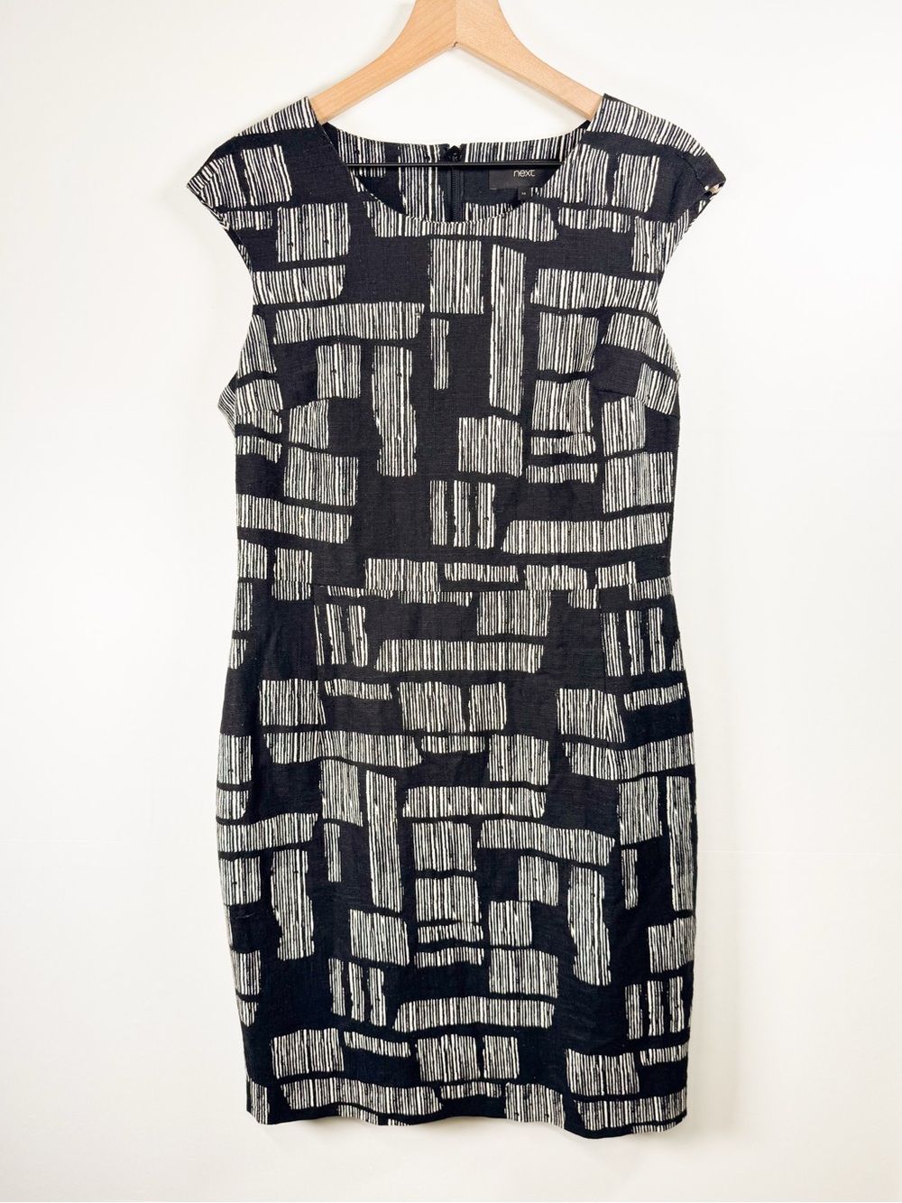 NEXT UK Geometric Print Black Tan Linen Blend Shift Dress Sz US 10 (UK 14)